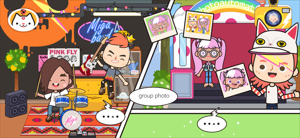 Cartoon characters playing instruments in a band and taking pictures at a photo booth in Miga Town My Store.