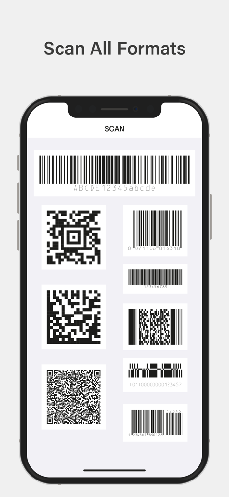 Barcode Scanner & Shopping - Ein mobiler Bildschirm, der verschiedene Barcodes und QR-Codes mit dem Text "Alle Formate scannen" zeigt