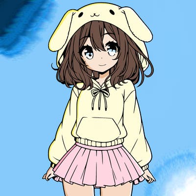 pretty anime girl wearing a fluffy hoodie with bunny ears on the hood and a skirt