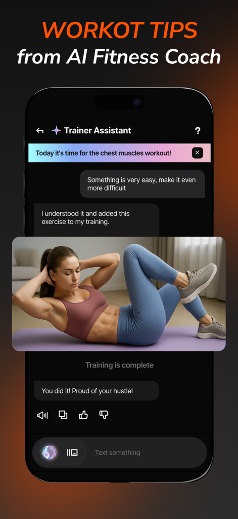 ChAthlete・AI Fitness Coach App - Un'interfaccia di chat dell'app ChAthlete che mostra un coach fitness AI che fornisce consigli personalizzati per l'allenamento e istruzioni sugli esercizi
