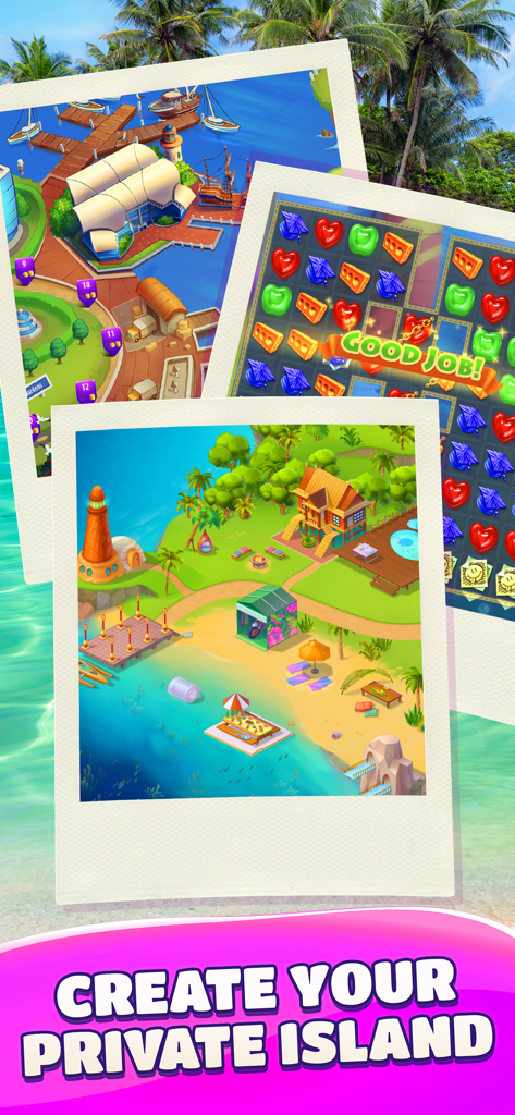 Gummy Drop! Match 3 Puzzles - Gummy Drop match 3 gameplay and tropical private island restoration feature.