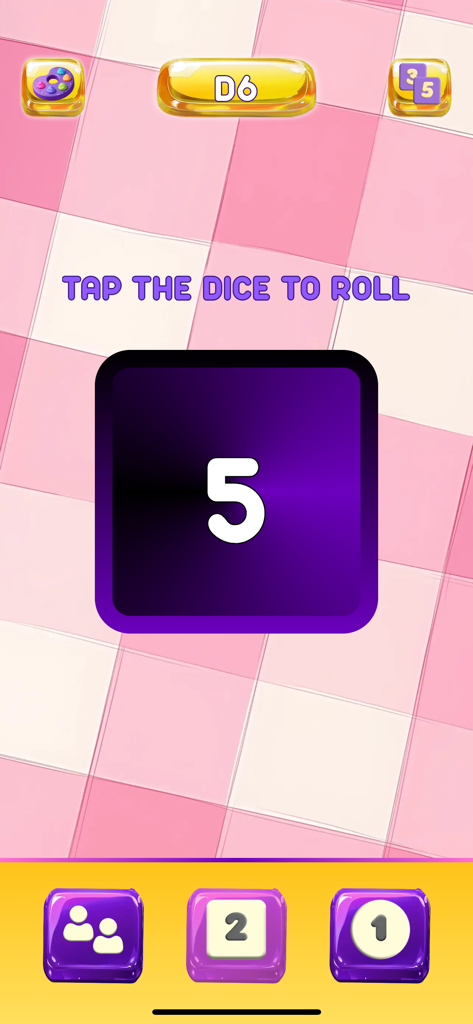 Candy Score app interface displaying a digital D6 dice roller with a result of five on a pink checkered background