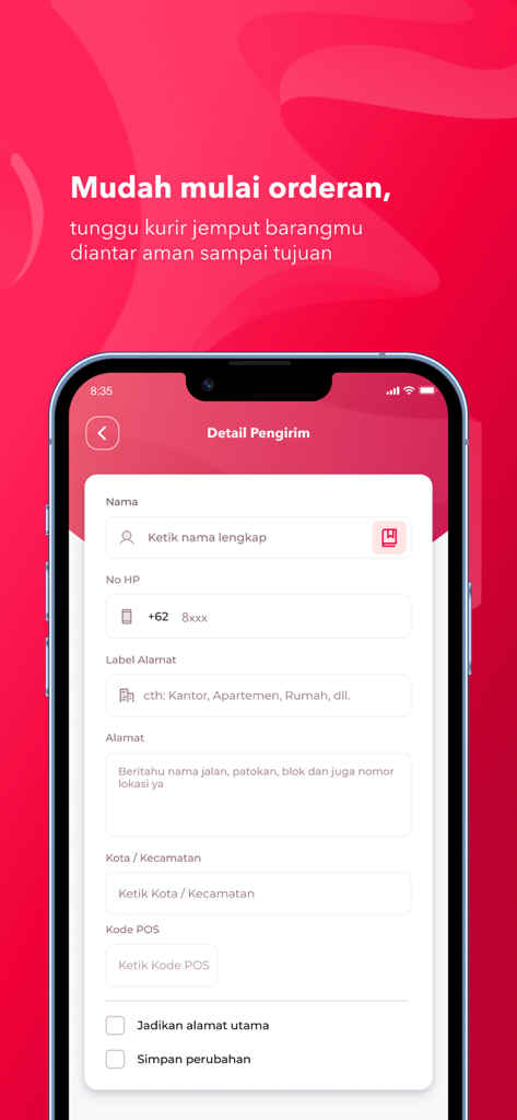 SiCepat Ekspres - SiCepat Ekspres mobile app screen showing a form to enter sender name phone number and shipping address