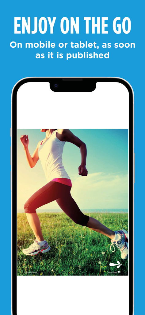 이동 중에 즐기세요 텍스트와 함께 스마트폰 화면에서 화창한 들판을 달리는 여성