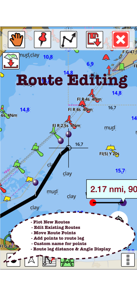 i-Boating 앱 인터페이스는 해상 경로 편집 기능과 해상 차트를 보여줍니다.