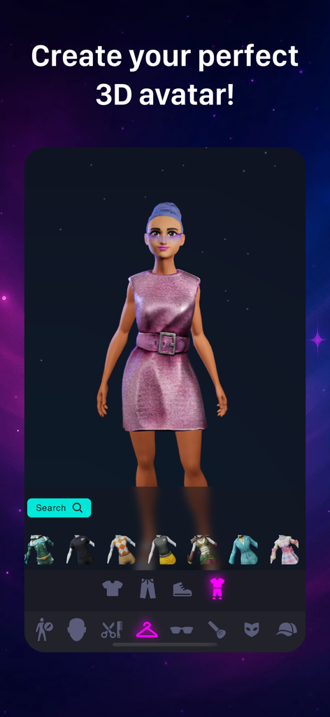 Interface for customizing a 3D avatar with various clothing and accessory options in the Vtubr app