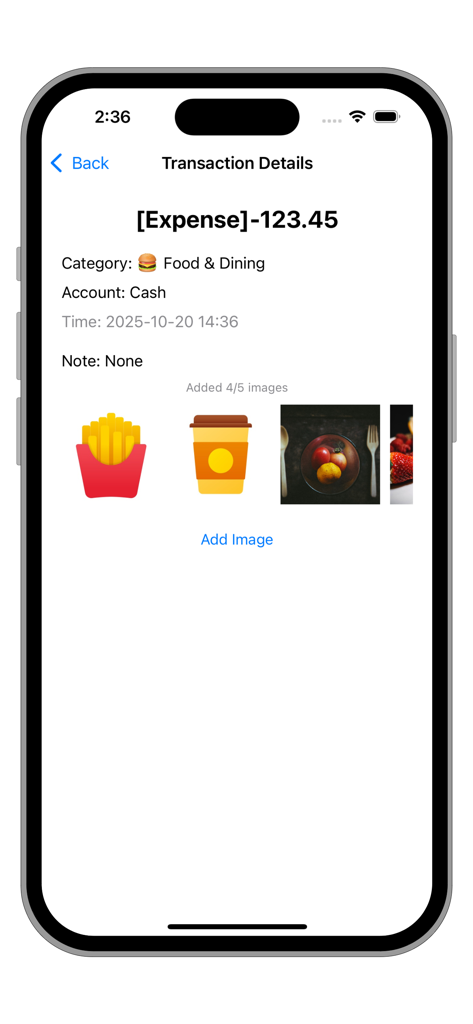 A screenshot of the transaction details screen in the Wallet Money Manager app showing a food expense with four attached receipt and food photos