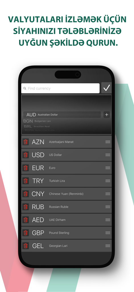 Schermata dell'app mobile che mostra un elenco personalizzabile di valute globali per il monitoraggio dei tassi di cambio in Valyuta.com