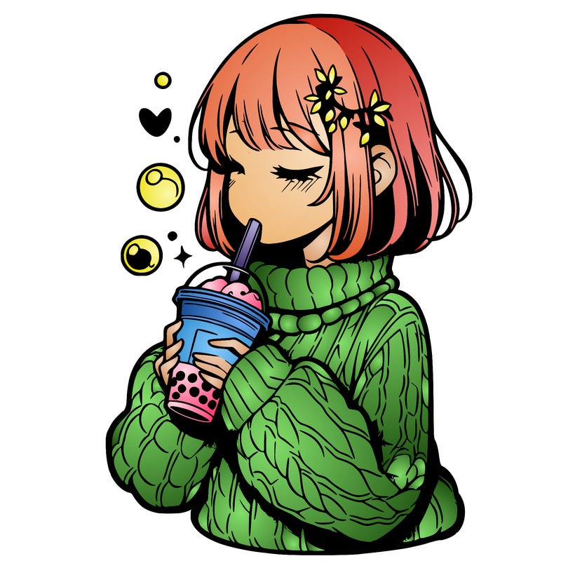 manga girl drinking boba in cozy sweater