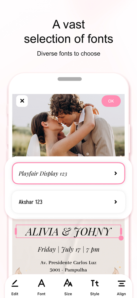 Invitation Maker Greeting Card - Mobile app interface showing a vast selection of fonts for a wedding invitation design