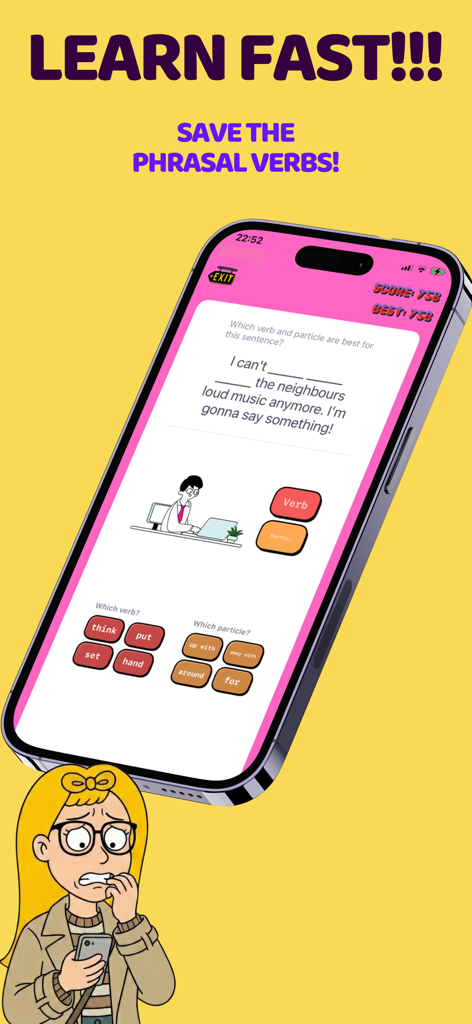 Interactive quiz screen from Phrasal Verbs GO app showing a phrasal verb completion exercise with colorful buttons and illustrations.