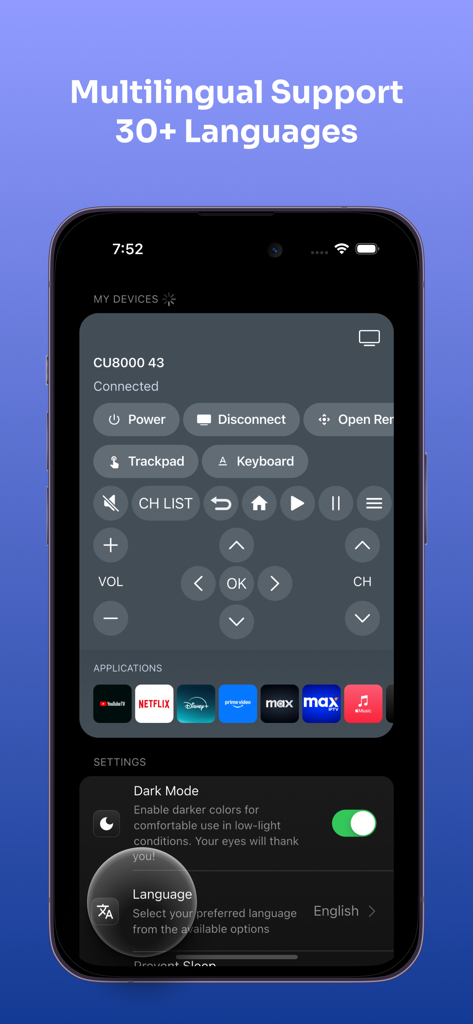 Easy Remote: Remote Control TV - Interfaz de la aplicación Easy Remote resaltando el soporte multilingüe y la selección de idioma para un Smart TV