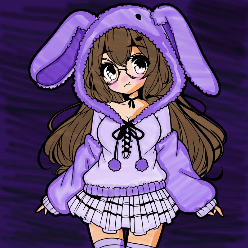 pretty anime girl wearing a fluffy hoodie with bunny ears on the hood and a skirt