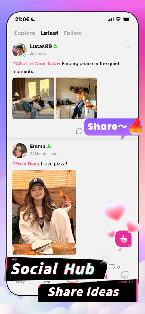 Plottoアプリのソーシャルハブフィードを表示する携帯電話画面。ユーザーの投稿や写真共有機能が含まれる。