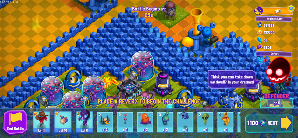 DreamscapeEDU strategy game interface showing battle preparation with blue block walls and various creature units.