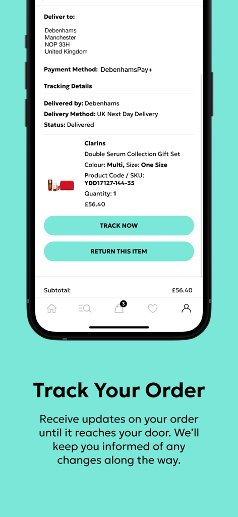Smartphone displaying the order tracking screen of the Debenhams shopping app