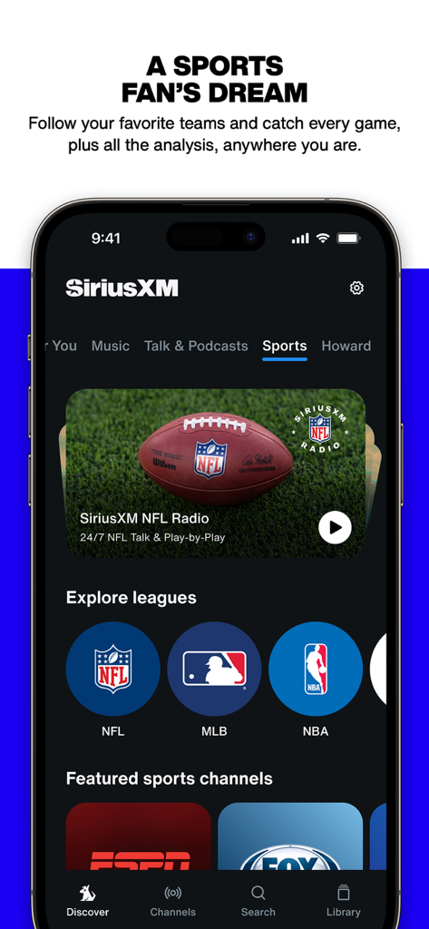SiriusXM app interface showing the sports section with NFL radio and professional sports league options