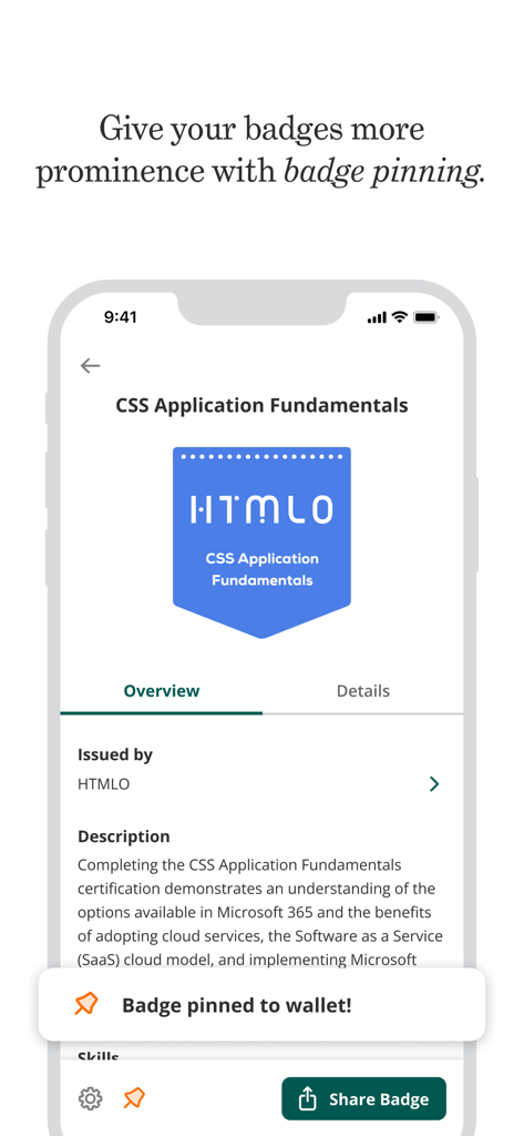 Credly - Pantalla de la aplicación Credly que muestra una credencial de certificación digital fijada en una billetera móvil