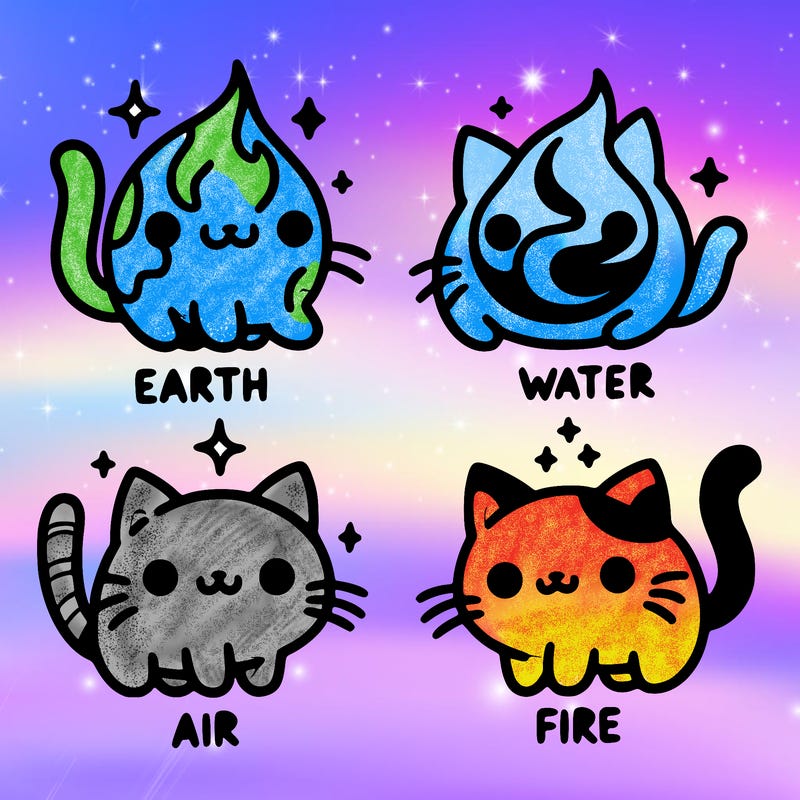 4 cats that represent the different elements, earth, water, air, and fire