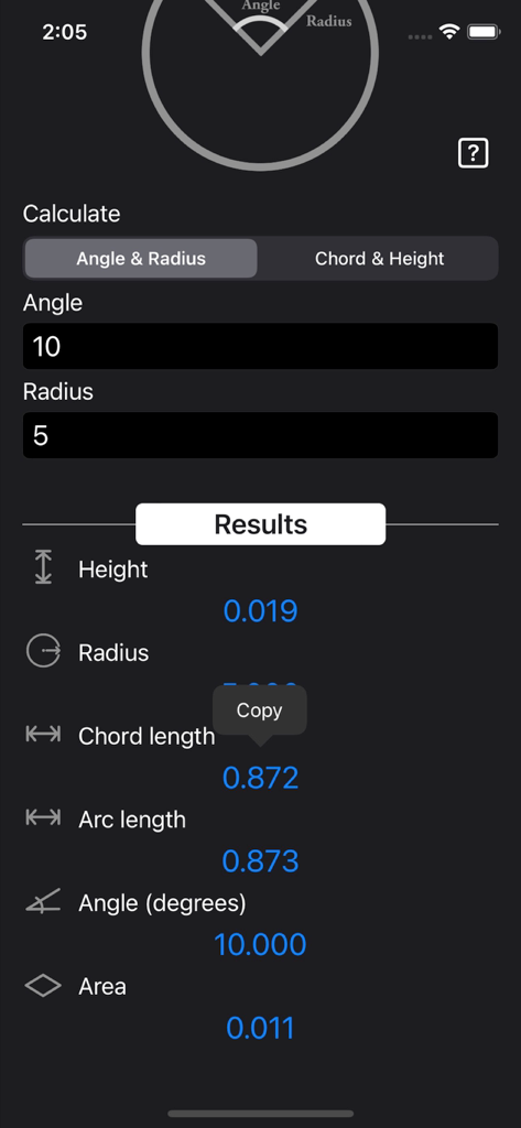 Circular Segment Calculator - A mobile interface for the Circular Segment Calculator app showing geometric results including chord length and arc length based on angle and radius inputs.