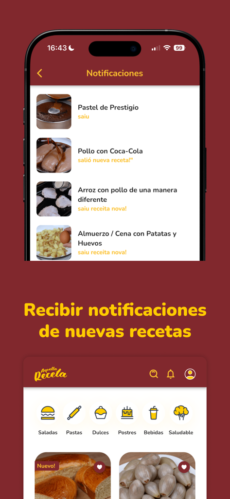 Aquella Receta - Interfaz de la aplicación Aquella Receta mostrando notificaciones de nuevas recetas y categorías de comida