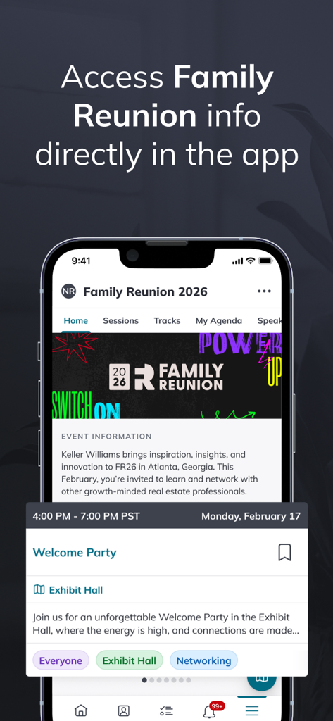 KW Command mobile app displaying Family Reunion event schedule and agenda for Keller Williams agents.