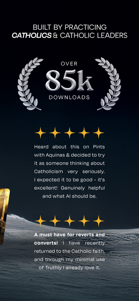 Truthly: Catholic AI - Captura de pantalla de la aplicación Truthly Catholic AI que muestra más de 85.000 descargas y reseñas de usuarios de cinco estrellas de conversos y buscadores.