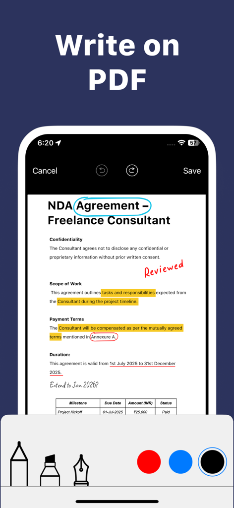 A mobile app interface displaying a freelance contract being edited with text highlights and handwritten annotations.