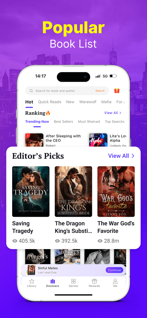 Readink – Stories & Books - Readink app interface showcasing popular romance and fantasy books with editor picks and trending categories.