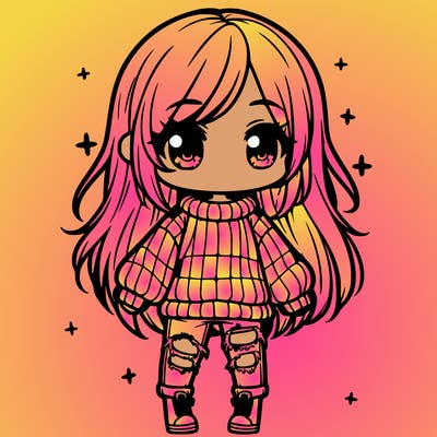 chibi girl with ripped jeans,long hair, and an oversized sweater