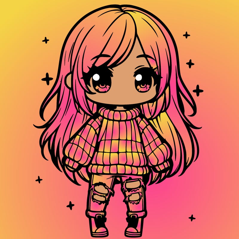 chibi girl with ripped jeans,long hair, and an oversized sweater