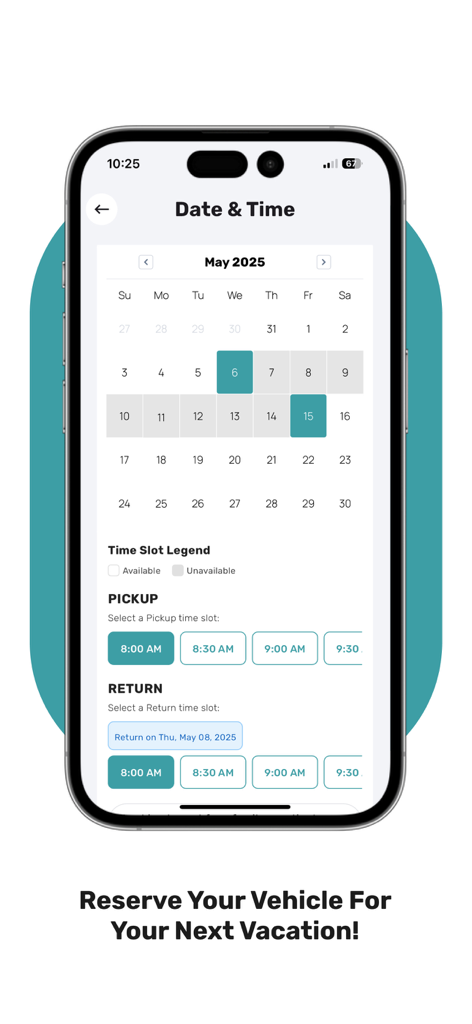 Caribo Bahamas - Caribo Bahamas 앱 인터페이스 (차량 및 보트 렌탈 날짜 및 시간 선택 달력 표시)