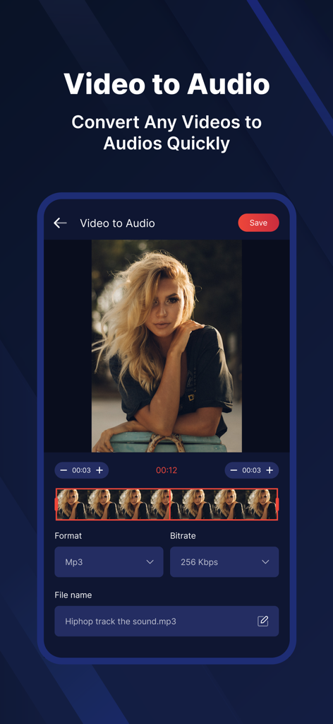 MP3 Converter & MP3 Cutter - Interface of the MP3 Converter app showing the video to audio conversion tool with format and bitrate options