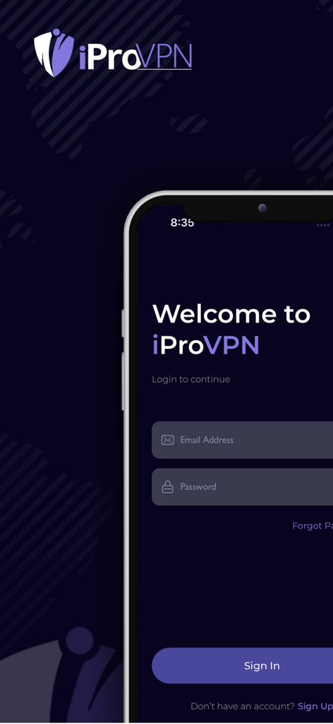 iProVPN mobile app login screen with email and password fields