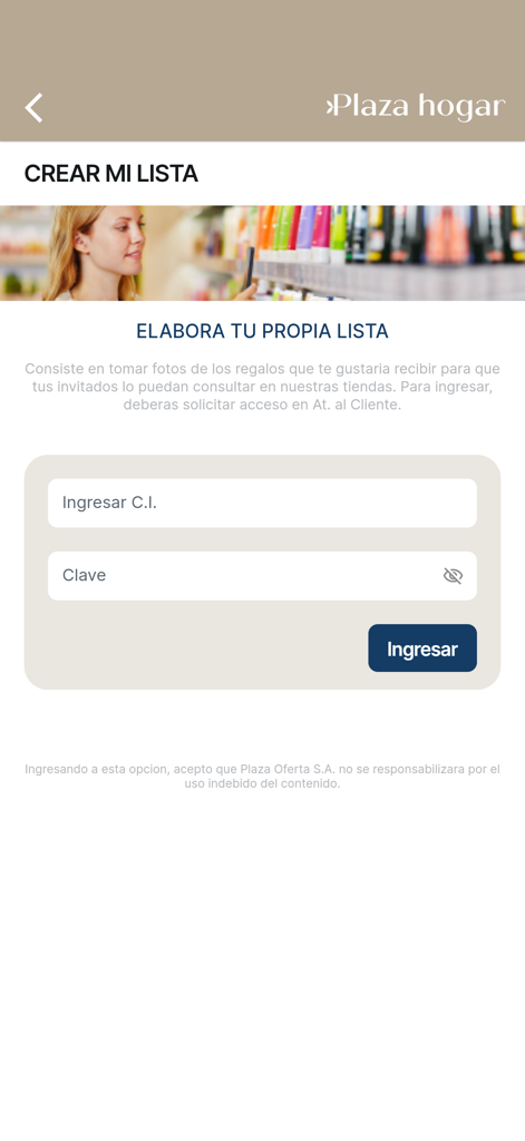 Plaza Hogar - Página de login para criar uma lista de presentes personalizada no aplicativo Plaza Hogar