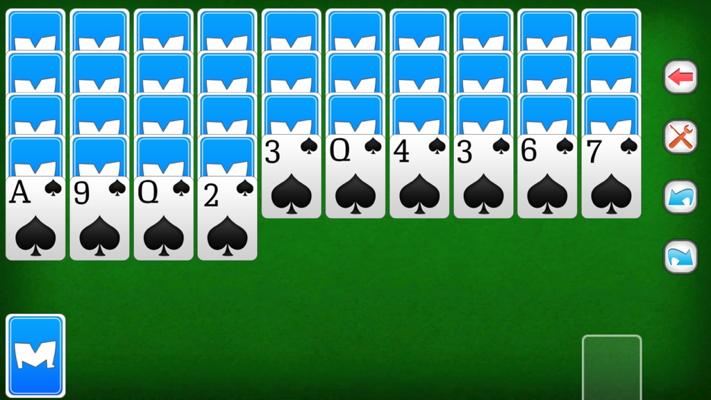 Spider Solitaire card game interface on a green felt background with stacks of spades