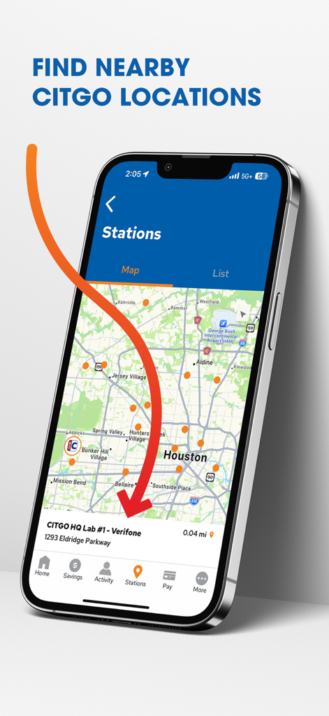 Mobile app screen showing a map view to find nearby CITGO gas station locations