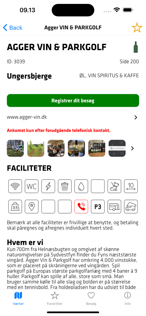 Pintrip - motorhome stopovers - A detailed stopover host profile in the Pintrip app showing facilities like wifi and power for a Danish vineyard