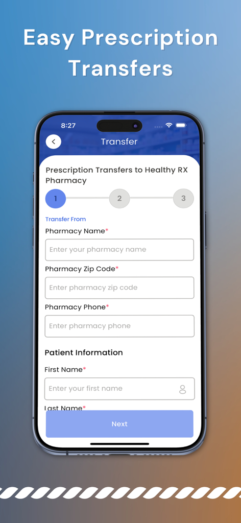 Quick Rx - Quick Rx app screen showing the form for easy prescription transfers