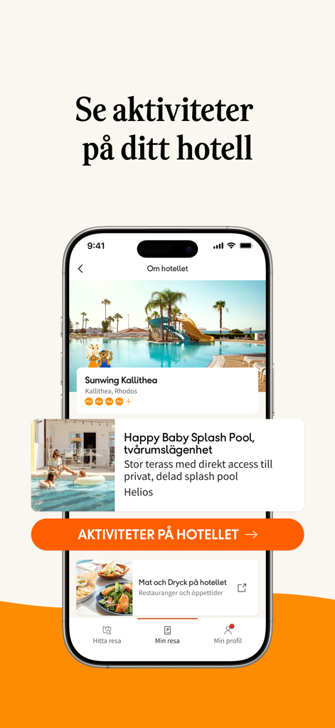 Ving – Allt om dina resor - Mobile screen showing hotel activities and Sunwing Kallithea resort details in the Ving travel app