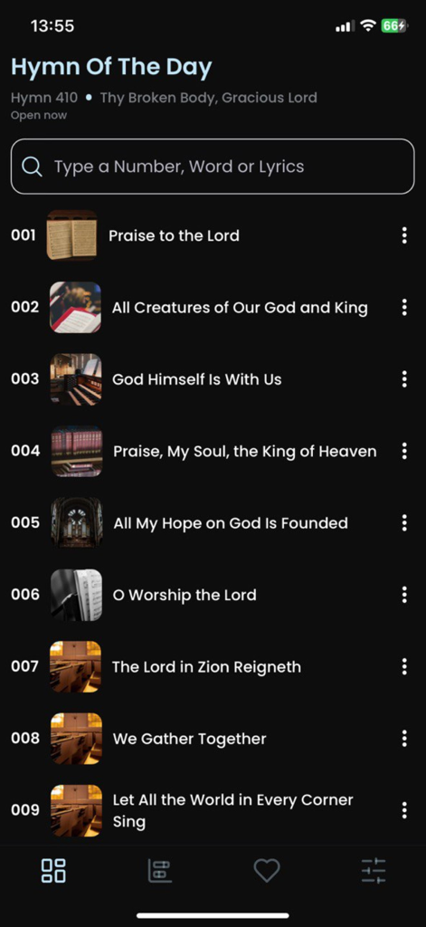 Seventh Day Adventist Hymnal - Interface of the Seventh Day Adventist Hymnal app featuring a searchable list of hymns in dark mode