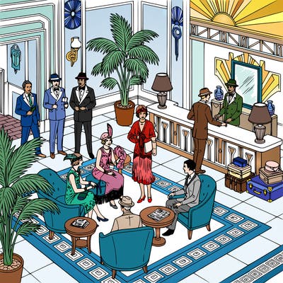 a stylish 1920s hotel lobby with several guests socializing. women wear flapper-style dresses and headbands while men wear suits and hats. some people sit in elegant chairs talking while others check in at a front desk. the lobby has tall plants, patterned rugs, decorative lamps, and vintage luggage. include art-deco details, small tables, newspapers, and ornate decorations so there are interesting period details for coloring.
