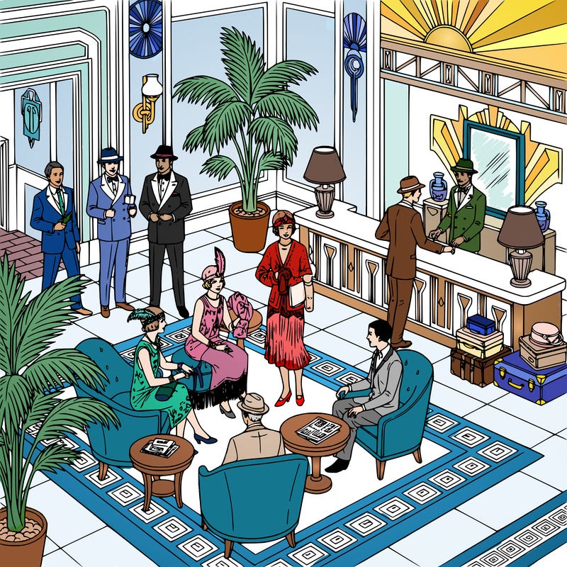 a stylish 1920s hotel lobby with several guests socializing. women wear flapper-style dresses and headbands while men wear suits and hats. some people sit in elegant chairs talking while others check in at a front desk. the lobby has tall plants, patterned rugs, decorative lamps, and vintage luggage. include art-deco details, small tables, newspapers, and ornate decorations so there are interesting period details for coloring.