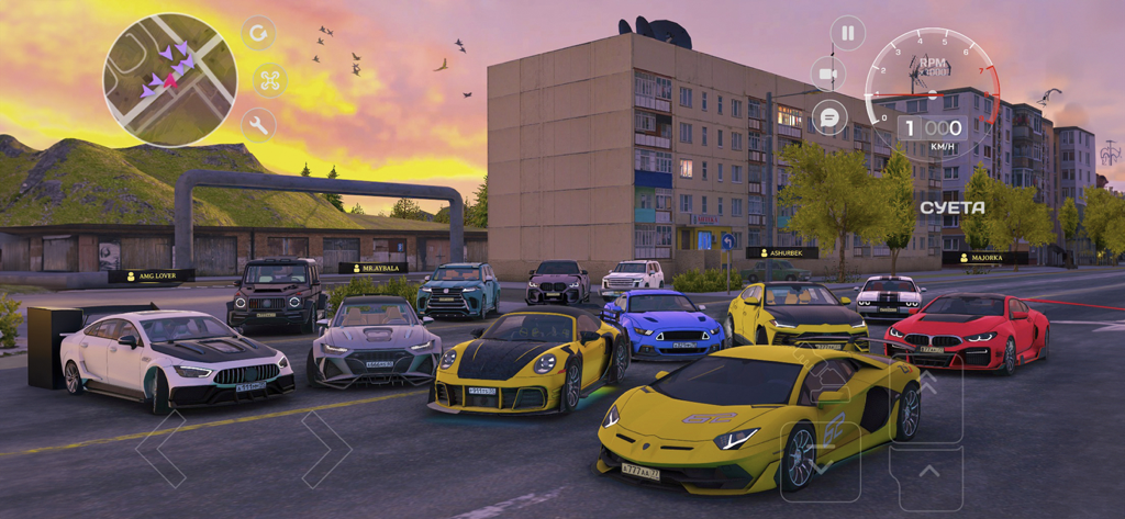 A collection of customized sports cars parked in a provincial Russian town at sunset in Traffic Racer Russian Village gameplay