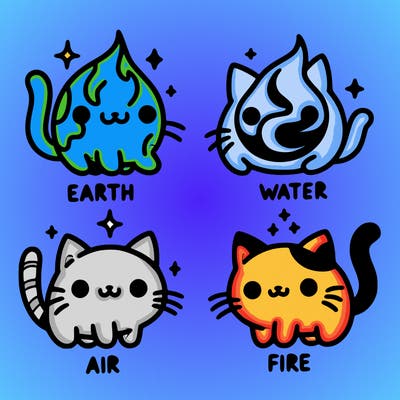 4 cats that represent the different elements, earth, water, air, and fire