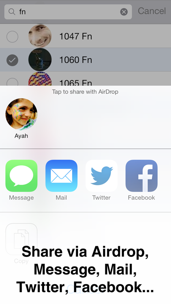 Cloude app interface showing contact sharing options via AirDrop Message Mail Twitter and Facebook