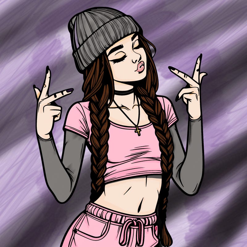 realistic teenage girl with braids and a beanie and crop top doing 🫶🏼
