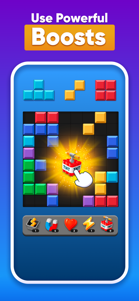 Blocky Quest - Classic Blocks - Blocky Quest mobile game screen showing a player using a TNT boost to clear blocks on a puzzle board.