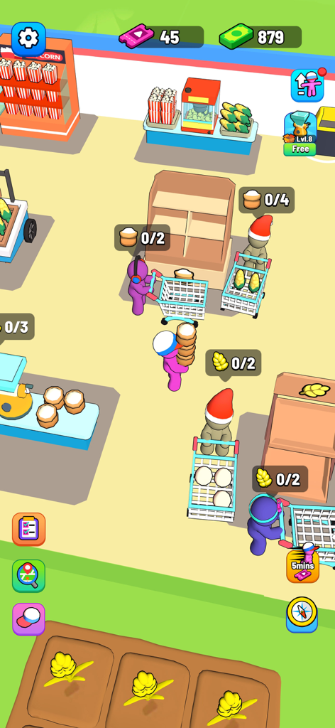 In-game view of a mini mart with customers shopping and characters restocking shelves.