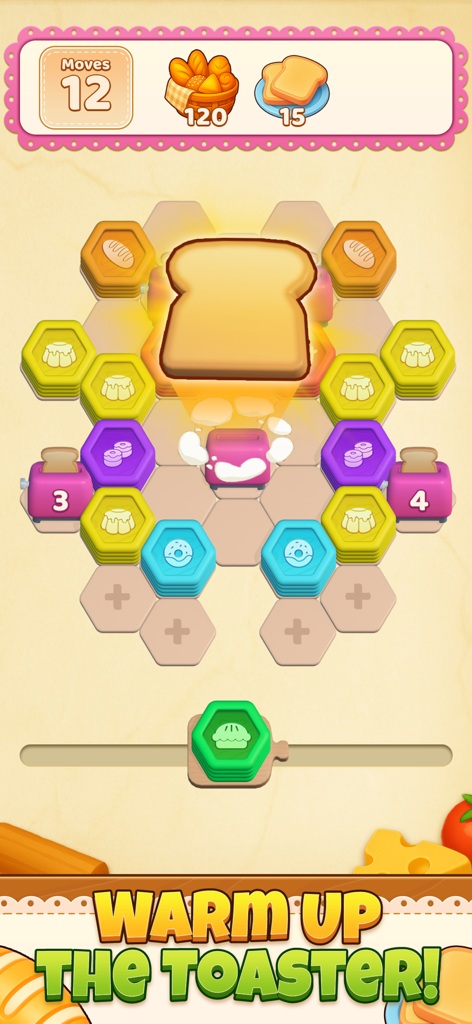 Cooking Blast 3D: Hexa Match - Gameplay screen showing a hexagonal puzzle board with colorful bread tiles and a warm up the toaster mission.